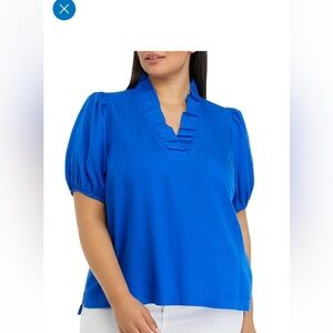 Crown and Ivy Cobalt Blue Ruffle V-Neck Short Sleeve Blouse in Size XL